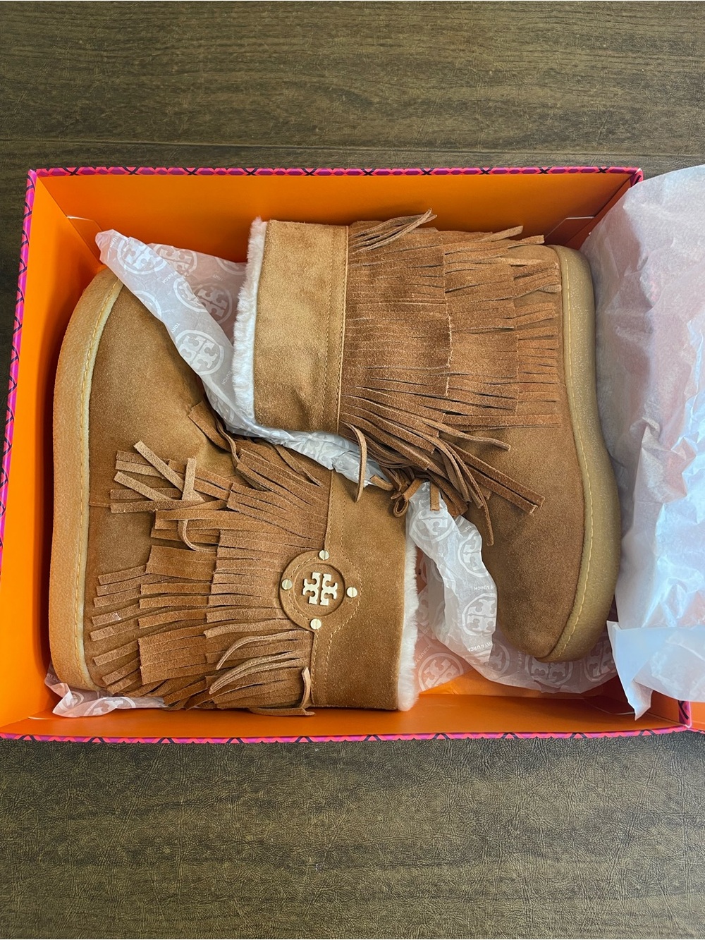 Tory Burch Tan Suede Fringe Shearling Ankle Boots